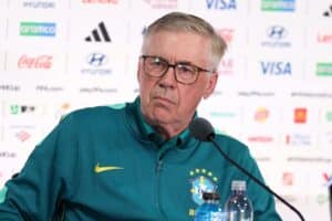 Cheftrainer Carlo Ancelotti spricht auf der Pressekonferenz der brasilianischen Nationalmannschaft vor dem WM-2026-Gruppenspiel der Gruppe C gegen Marokko im New York New Jersey Stadium in East Rutherford, New Jersey, am 12. Juni 2026. Darrian Traynor / Getty Images