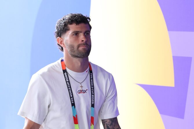Christian Pulisic von den USA bei der Ankunft im Stadion vor dem WM-2026-Gruppenspiel zwischen den USA und Australien am 19. Juni 2026 im Seattle Stadium. (Emilee Chinn / Getty Images)