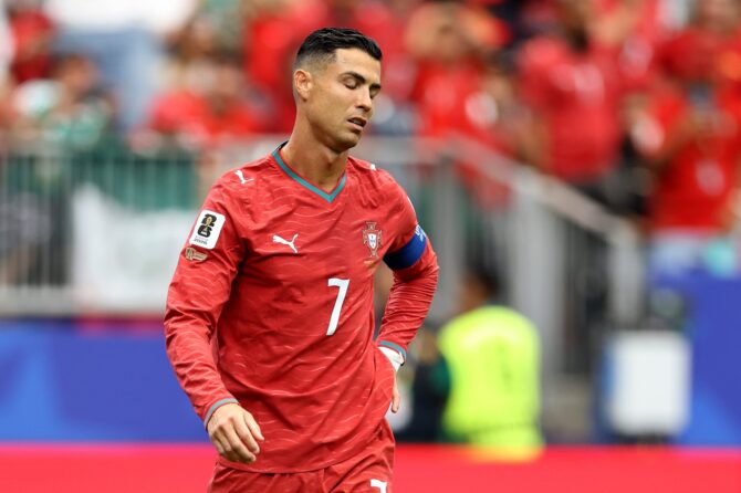 Portugals Kapitän Cristiano Ronaldo reagiert sichtlich enttäuscht im Gruppenspiel K der FIFA Weltmeisterschaft 2026 gegen die DR Kongo am 17. Juni 2026 im Houston Stadium in Houston, Texas. Molly Darlington / Getty Images