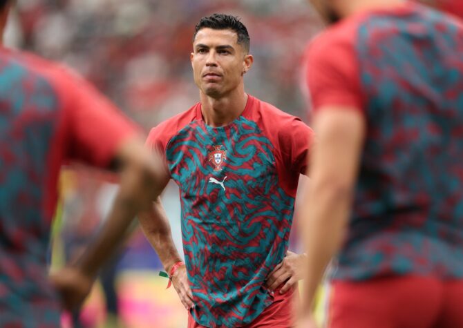 Portugals Superstar Cristiano Ronaldo beim Aufwärmen vor dem WM-2026-Gruppenspiel gegen Usbekistan im Houston Stadium am 23. Juni 2026 in Houston, Texas. (Michael Steele / Getty Images)