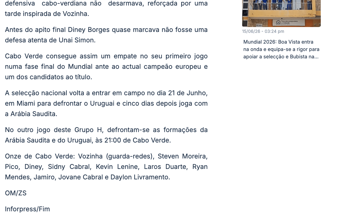 Screenshot Inforpress zum WM-Debuet von Kap Verde gegen Spanien