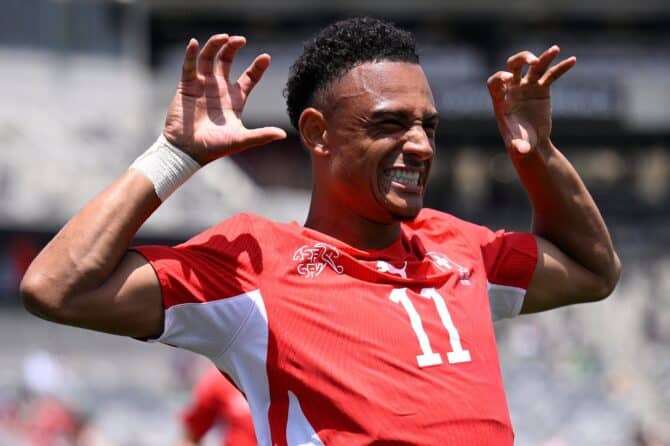Dan Ndoye bejubelt seinen Treffer zum 1:0 fuer die Schweiz im Test-Laenderspiel gegen Australien. Die Partie fand am 6. Juni 2026 im Snapdragon Stadium von San Diego statt. Orlando Ramirez / Getty Images