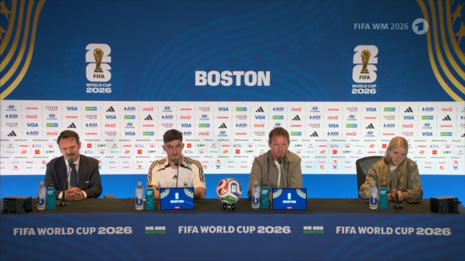 Blick auf die offizielle Pressekonferenz der deutschen Nationalmannschaft vor dem WM-2026-Sechzehntelfinale gegen Paraguay mit Julian Nagelsmann und Kai Havertz in Boston. (Screenshot: sportschau.de)