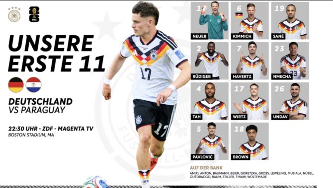Die deutsche Aufstellung & startelf: Die Startelf: 1 Neuer - 2 Rüdiger, 4 Tah, 5 Pavlovic, 6 Kimmich (C), 7 Havertz, 17 Wirtz, 18 Brown, 19 Sané, 23 Nmecha, 26 Undav.