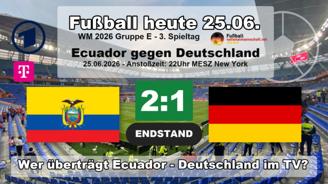Ecuador gegen Deutschland 2:1: Endstand-Grafik zum WM-2026-Gruppenspiel der Gruppe E am 25.06.2026 mit den Flaggen von Ecuador und Deutschland.