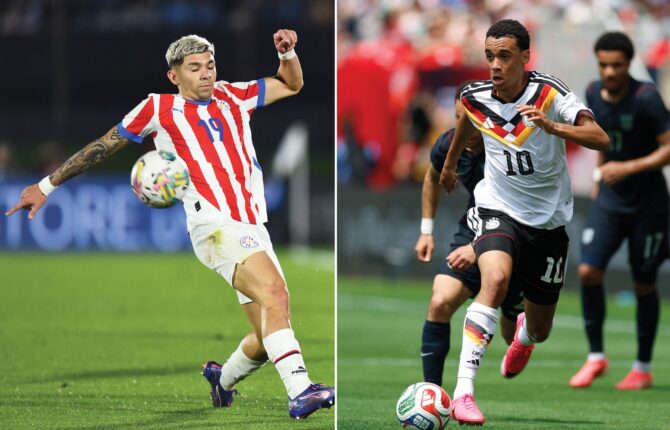 Eine Bildkombination zeigt zwei Schlüsselspieler vor dem Sechzehntelfinale der WM 2026: Paraguays Stürmer Julio Enciso (links) und Deutschlands Offensivspieler Jamal Musiala. Deutschland und Paraguay treffen am 29. Juni 2026 im Boston Stadium in Foxborough aufeinander. (Copyright AFP/Dante Fernandez, Kamil Krzaczynski)