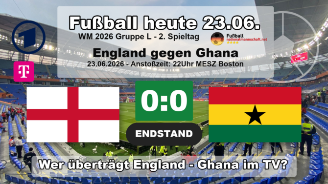 England gegen Ghana 0:0: Endstand-Grafik zum WM-2026-Spiel der Gruppe L am 23.06.2026 mit den Flaggen von England und Ghana.