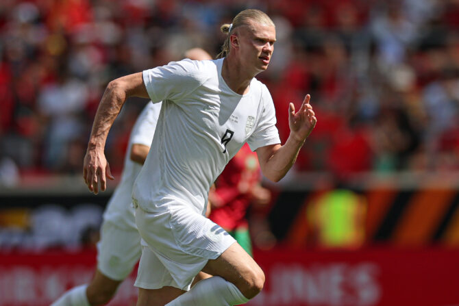 Harrison, New Jersey, USA, 7. Juni 2026: Erling Haaland (Nr. 9) von Norwegen im Einsatz während des Länderspiels gegen Marokko im Sports Illustrated Stadium. (Foto: Vincent Carchietta/Getty Images)