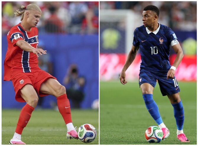Erling Haaland (links) und Kylian Mbappé treffen im letzten Gruppenspiel der Gruppe I am 26. Juni 2026 in Boston aufeinander: Diese Fotomontage zeigt Norwegens Stürmerstar Haaland beim Spiel in Foxborough am 16. Juni 2026 sowie Frankreichs Offensivspieler Mbappé am 22. Juni 2026 in Philadelphia. (Copyright AFP/Mattia Ozbot, Dan Mullan)