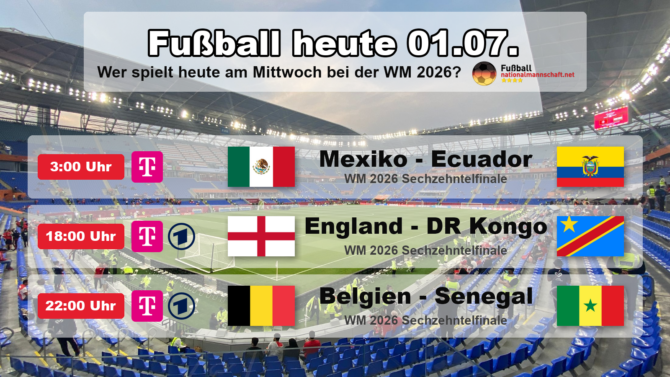 Fußball heute am Mittwoch, 1. Juli 2026 bei der WM 2026: Mexiko gegen Ecuador um 03:00 Uhr, England gegen DR Kongo um 18:00 Uhr und Belgien gegen Senegal um 22:00 Uhr, alle drei Sechzehntelfinals mit Anstoßzeiten und TV-Sendern.