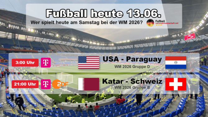 Fußball heute am Samstag, 13. Juni 2026 bei der WM 2026: USA gegen Paraguay, Katar gegen Schweiz. Grafik mit Anstoßzeiten in MESZ, Landesflaggen, WM-Gruppen und TV-Sendern aller 2 Spiele des Tages.
