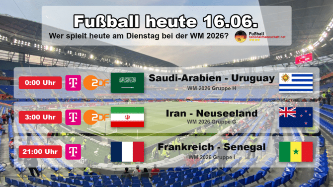 Fußball heute am Dienstag, 16. Juni 2026 bei der WM 2026: Saudi-Arabien gegen Uruguay, Iran gegen Neuseeland, Frankreich gegen Senegal. Grafik mit Anstoßzeiten in MESZ, Landesflaggen, WM-Gruppen und TV-Sendern aller 3 Spiele des Tages.