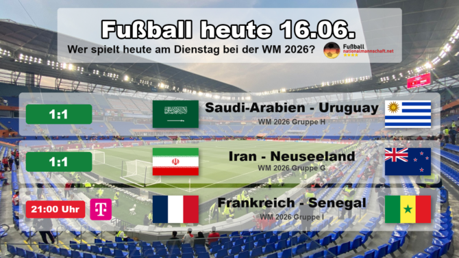 Fußball heute WM Spielplan & Ergebnis - Wer spielt heute am Dienstag, 16.6. bei der WM 2026?