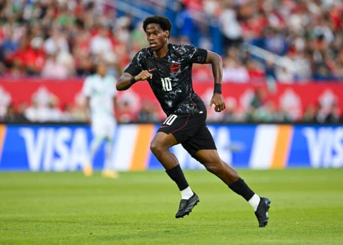 Jonathan David im Trikot der kanadischen Nationalmannschaft beim Testspiel gegen die Republik Irland. Die Begegnung fand am 5. Juni 2026 im Saputo Stadium in Montreal statt. (Minas Panagiotakis / Getty Images North America via Getty Images)