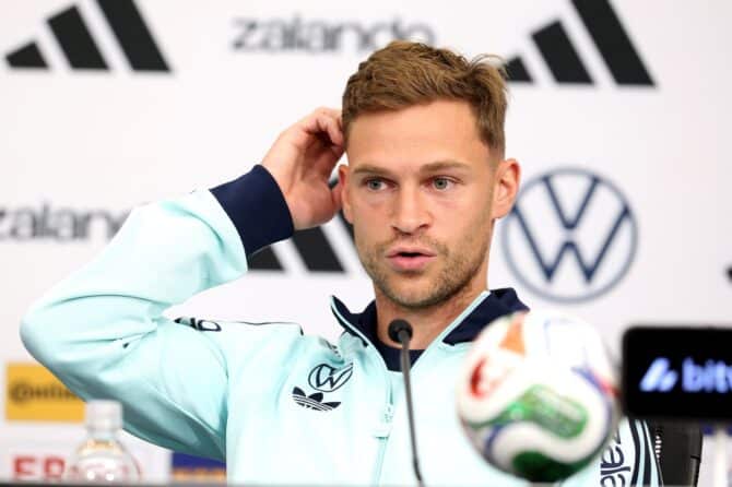 Deutschlands Kapitän Joshua Kimmich spricht bei einer Pressekonferenz der DFB-Auswahl mit den Medien. Der Termin fand am 16. Juni 2026 an der Winston-Salem State University in North Carolina statt. Alexander Hassenstein / Getty Images