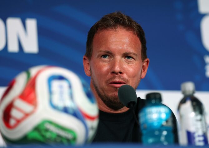 Bundestrainer Julian Nagelsmann auf der Pressekonferenz der deutschen Nationalmannschaft einen Tag vor dem WM-2026-Gruppenspiel gegen Curaçao am 13. Juni 2026 im Houston Stadium. (Molly Darlington / Getty Images)