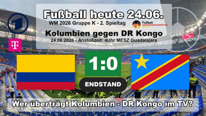 Kolumbien gegen DR Kongo 1:0: Endstand-Grafik zum WM-2026-Spiel der Gruppe K am 24.06.2026 mit den Flaggen von Kolumbien und der DR Kongo.