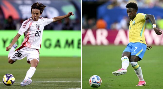 Diese Bildkombination zeigt die beiden Offensivkünstler des WM-2026-Sechzehntelfinals zwischen Brasilien und Japan: Links Japans Mittelfeldspieler Takefusa Kubo, rechts Brasiliens Stürmer Vinícius Júnior. Beide Teams treffen am 29. Juni 2026 im Houston Stadium in Houston aufeinander. (Copyright AFP/Karl Mondon, Mauro Pimentel)
