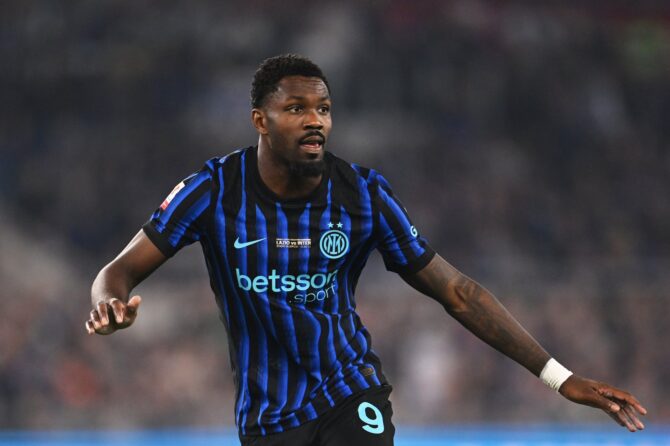 Marcus Thuram im Trikot von Inter Mailand beim Coppa-Italia-Finale gegen Lazio Rom. Das Endspiel fand am 13. Mai 2026 im Stadio Olimpico in Rom statt. (Tullio M. Puglia / Getty Images Europe via Getty Images)