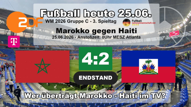 Marokko gegen Haiti 4:2: Endstand-Grafik zum WM-2026-Spiel der Gruppe C am 25.06.2026 mit den Flaggen von Marokko und Haiti.