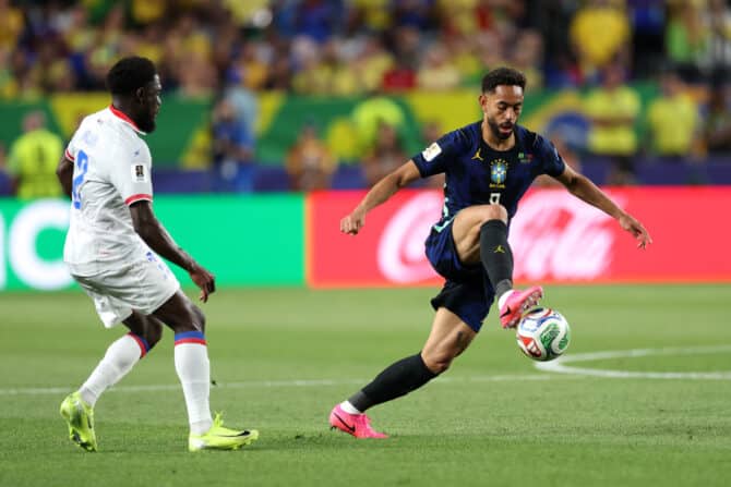 Philadelphia, Pennsylvania, USA, 19. Juni 2026: Matheus Cunha (9) aus Brasilien kontrolliert den Ball im WM-Gruppenspiel der Gruppe C gegen Haiti im Philadelphia Stadium. (Foto: Darrian Traynor/Getty Images)