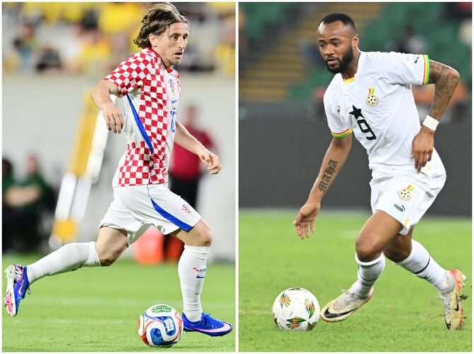 Diese Bildkombination zeigt die beiden Schlüsselspieler des entscheidenden WM-2026-Gruppenspiels zwischen Kroatien und Ghana in der Gruppe L: Links treibt Kroatiens Mittelfeldregisseur Luka Modrić den Ball, rechts ist Ghanas Stürmer Jordan Ayew am Ball. Beide Teams treffen am 27. Juni 2026 im Philadelphia Stadium in Philadelphia aufeinander, wobei Kroatien einen Sieg zum sicheren Einzug in die K.o.-Runde braucht und Ghana bereits ein Unentschieden zum Weiterkommen genügt. (Copyright AFP/Julio Cesar Aguilar, Issouf Sanogo)