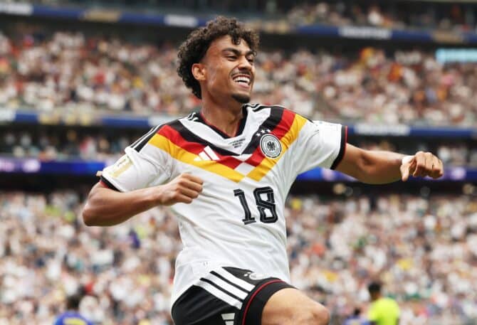 Nathaniel Brown jubelt ausgelassen über seinen Treffer zum fünften deutschen Tor im WM-Gruppenspiel der Gruppe E gegen Curaçao am 14. Juni 2026 im Houston Stadium. Foto: Alexander Hassenstein / Getty Images