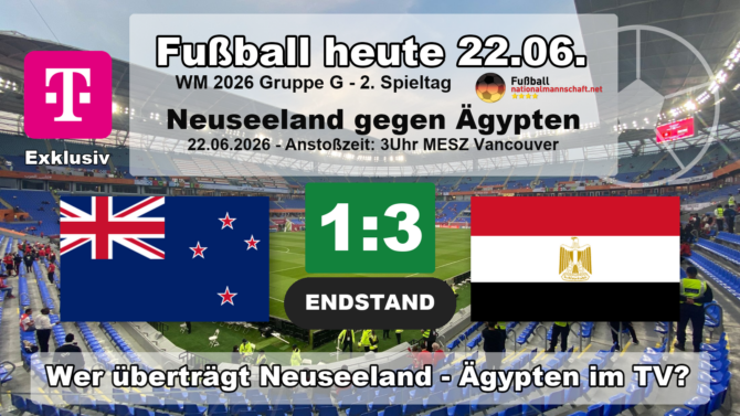 Neuseeland gegen Ägypten 1:3: Endstand-Grafik zum WM-2026-Spiel der Gruppe G am 22.06.2026 mit den Flaggen von Neuseeland und Ägypten.