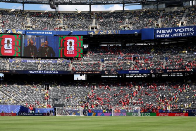 Blick in das New York New Jersey Stadium mit den Anzeigetafeln vor dem WM-2026-Gruppenspiel der Gruppe C zwischen Brasilien und Marokko in East Rutherford, New Jersey, am 13. Juni 2026. Darrian Traynor / Getty Images