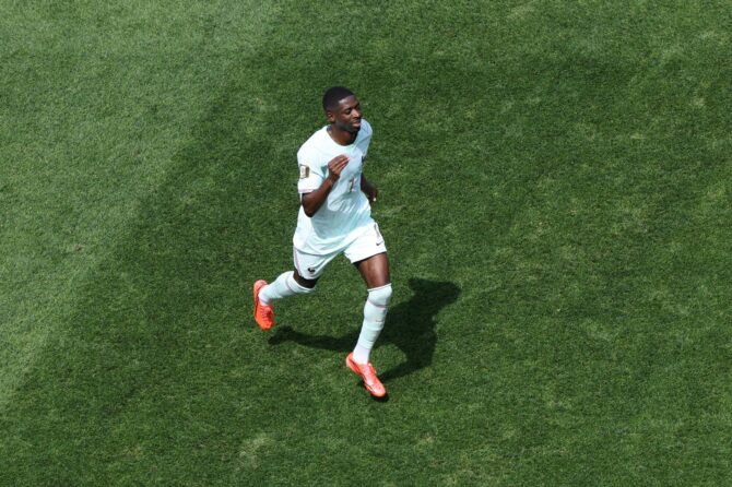 Frankreichs Ousmane Dembélé (Nummer 7) bejubelt seinen Treffer, das zweite Tor seiner Mannschaft gegen Norwegen. Die Szene entstand beim Gruppe-I-Spiel der WM 2026 am 26. Juni 2026 im Boston Stadium in Foxborough, Massachusetts. Buda Mendes / Getty Images