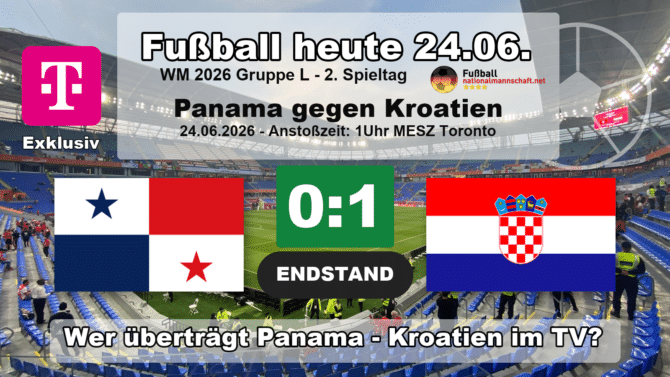 Panama gegen Kroatien 0:1: Endstand-Grafik zum WM-2026-Spiel der Gruppe L am 24.06.2026 mit den Flaggen von Panama und Kroatien.