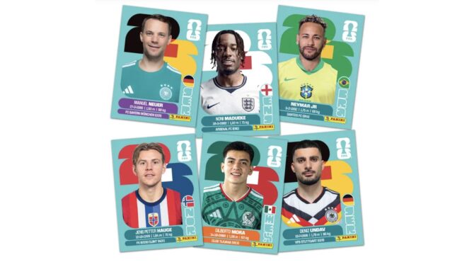 Sechs Einzelsticker aus dem Panini „Update Set" zur FIFA Fußball-WM 2026: Manuel Neuer, Noni Madueke, Neymar Jr., Jens Petter Hauge, Gilberto Mora und Deniz Undav.