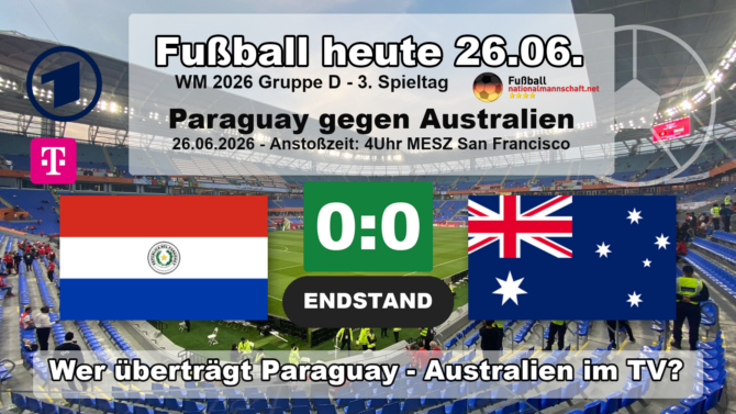 Paraguay gegen Australien 0:0: Endstand-Grafik zum WM-2026-Gruppenspiel der Gruppe D am 26.06.2026 mit den Flaggen von Paraguay und Australien.