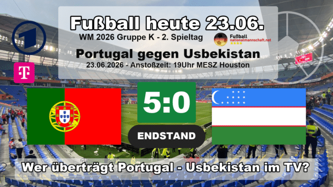 Portugal gegen Usbekistan 5:0: Endstand-Grafik zum WM-2026-Spiel der Gruppe K am 23.06.2026 mit den Flaggen von Portugal und Usbekistan.