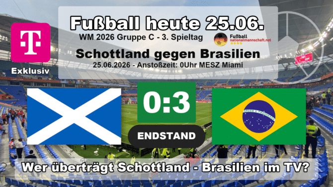 Schottland gegen Brasilien 0:3: Endstand-Grafik zum WM-2026-Spiel der Gruppe C am 25.06.2026 mit den Flaggen von Schottland und Brasilien.