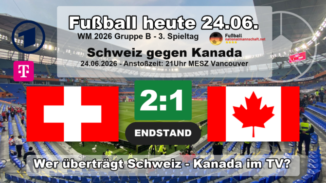Schweiz gegen Kanada 2:1: Endstand-Grafik zum WM-2026-Spiel der Gruppe B am 24.06.2026 mit den Flaggen von Schweiz und Kanada.
