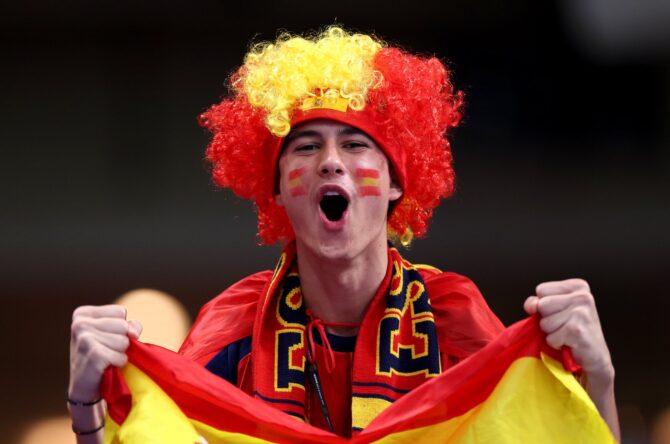 Ein spanischer Fan sorgt vor dem WM-Gruppenspiel gegen Kap Verde für Stimmung. Die Partie der Gruppe H fand am 15. Juni 2026 im Atlanta Stadium in Atlanta, Georgia, statt. Mattia Ozbot / Getty Images North America via Getty Images