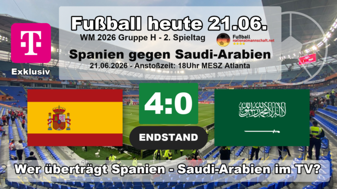 Spanien gegen Saudi-Arabien 4:0: Endstand-Grafik zum WM-2026-Spiel der Gruppe H am 21.06.2026 mit den Flaggen von Spanien und Saudi-Arabien.