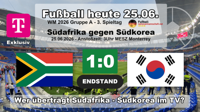 Südafrika gegen Südkorea 1:0: Endstand-Grafik zum WM-2026-Spiel der Gruppe A am 25.06.2026 mit den Flaggen von Südafrika und Südkorea.