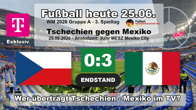Tschechien gegen Mexiko 0:3: Endstand-Grafik zum WM-2026-Spiel der Gruppe A am 25.06.2026 mit den Flaggen von Tschechien und Mexiko.