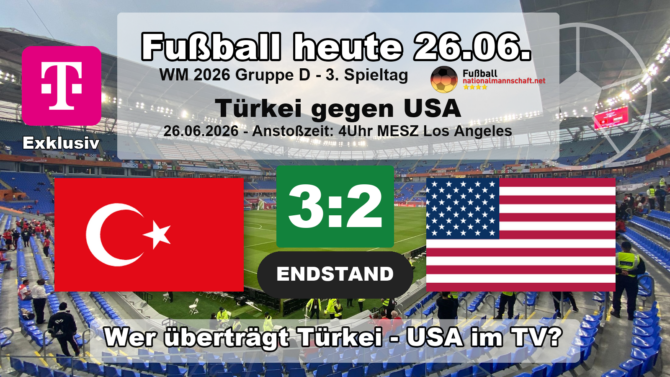 Türkei gegen USA 3:2: Endstand-Grafik zum WM-2026-Gruppenspiel der Gruppe D am 26.06.2026 mit den Flaggen der Türkei und der USA.