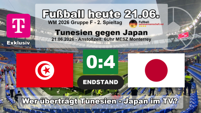 Tunesien gegen Japan 0:4: Endstand-Grafik zum WM-2026-Spiel der Gruppe F am 21.06.2026 mit den Flaggen von Tunesien und Japan.
