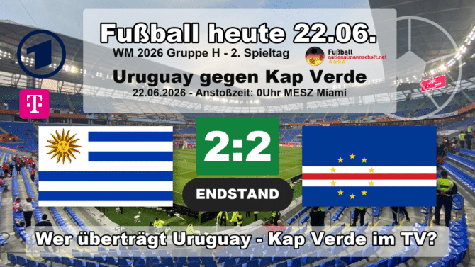Uruguay gegen Kap Verde 2:2: Endstand-Grafik zum WM-2026-Spiel der Gruppe H am 22.06.2026 mit den Flaggen von Uruguay und Kap Verde.