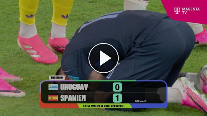 Endstand-Grafik Uruguay 0:1 Spanien beim WM-2026-Gruppenspiel, der Treffer fiel durch Alex Baena in der 42. Minute.