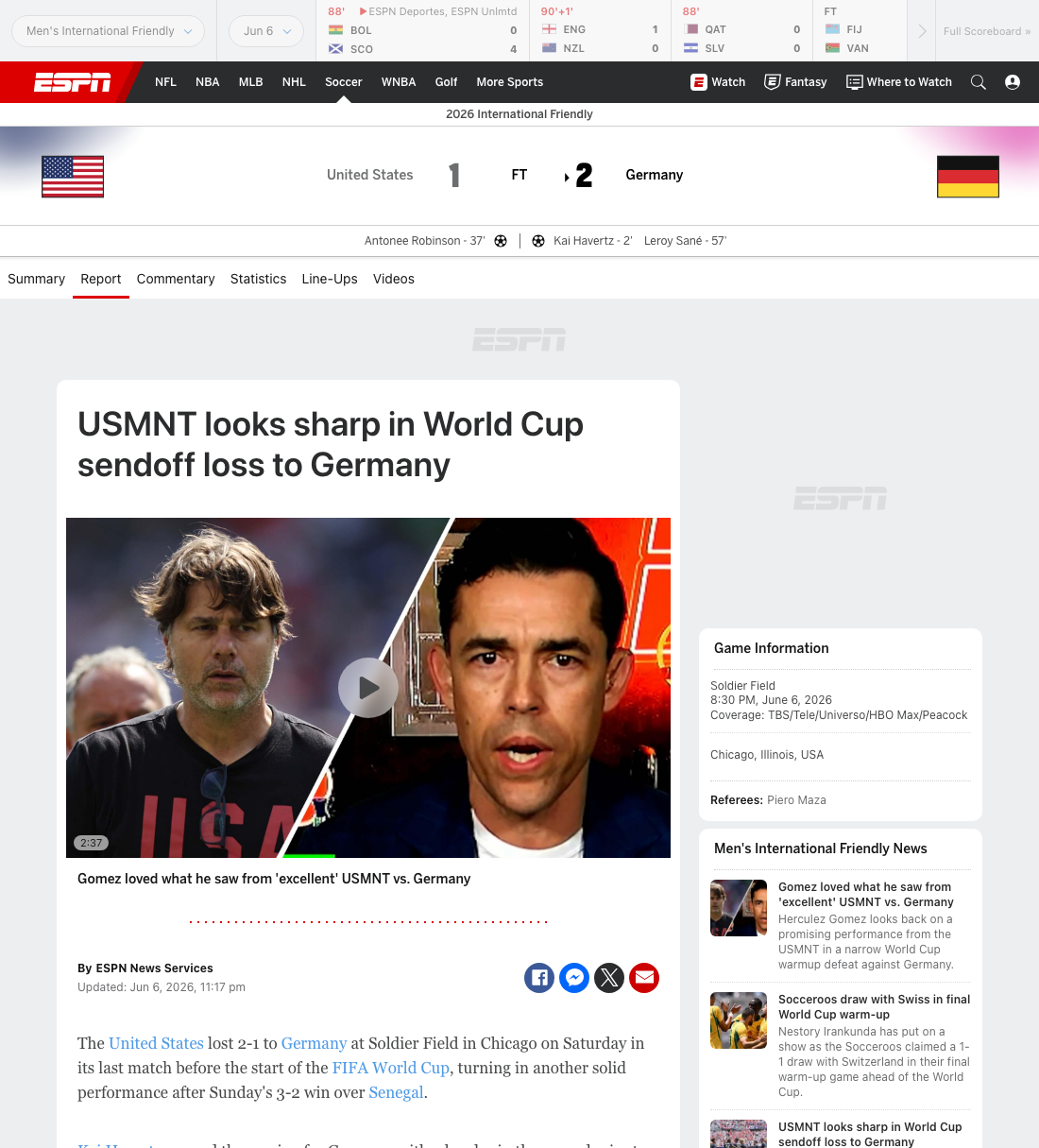 Screenshot ESPN Spielbericht USA Deutschland