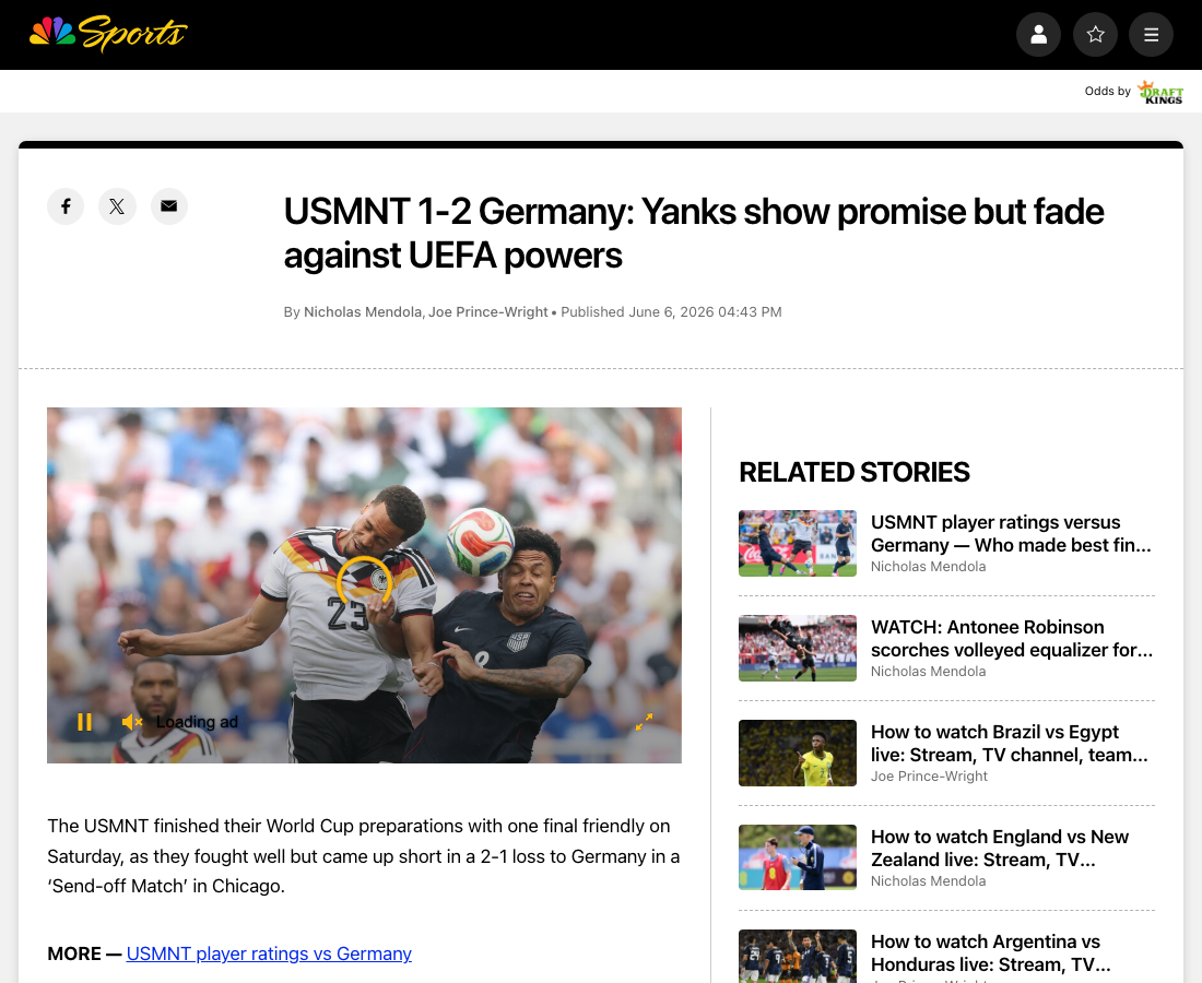 Screenshot NBC Sports Spielbericht USA Deutschland
