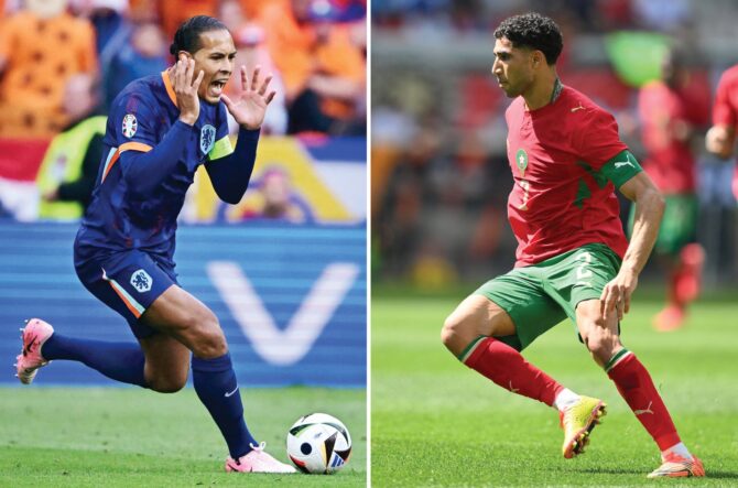 Eine Bildkombination zeigt die beiden Kapitäne vor dem Sechzehntelfinale der WM 2026: Niederlandes Abwehrchef Virgil van Dijk (links) und Marokkos Verteidiger Achraf Hakimi. Die Niederlande und Marokko treffen am 30. Juni 2026 (Ortszeit 29. Juni) im Estadio BBVA in Guadalupe bei Monterrey aufeinander. (Copyright AFP/Angela Weiss, Tobias Schwarz)