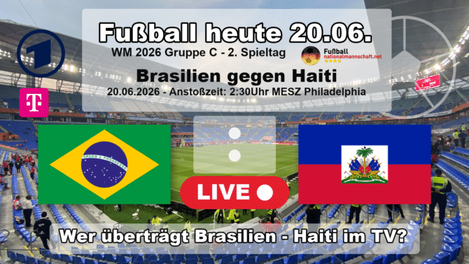 Wer überträgt Brasilien gegen Haiti im TV? Grafik zum Spiel der WM 2026 Gruppe C am 20.06.2026 um 02:30 Uhr MESZ in Philadelphia mit den Flaggen von Brasilien und Haiti. Die Partie läuft live in der ARD und bei MagentaTV.