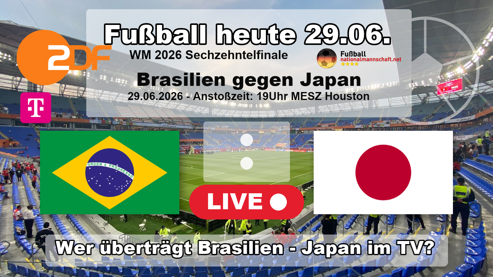 Wer überträgt Brasilien gegen Japan im TV? Grafik zum Sechzehntelfinale der WM 2026 am 29. Juni 2026 um 19:00 Uhr MESZ im Houston Stadium, live im ZDF und bei MagentaTV.