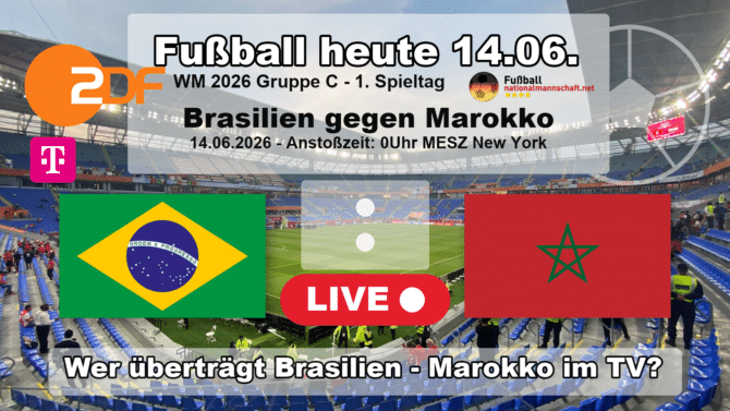 Wer überträgt Brasilien gegen Marokko im TV? Grafik zum Spiel der WM 2026 Gruppe C am 14.06.2026 um 00:00 Uhr MESZ in East Rutherford mit den Flaggen von Brasilien und Marokko. Die Partie läuft live im ZDF und bei MagentaTV.